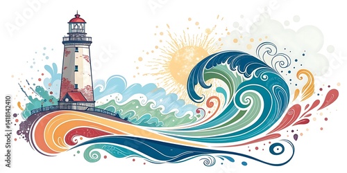 Vivid lighthouse illustration with ocean waves sun and colorful abstract patterns