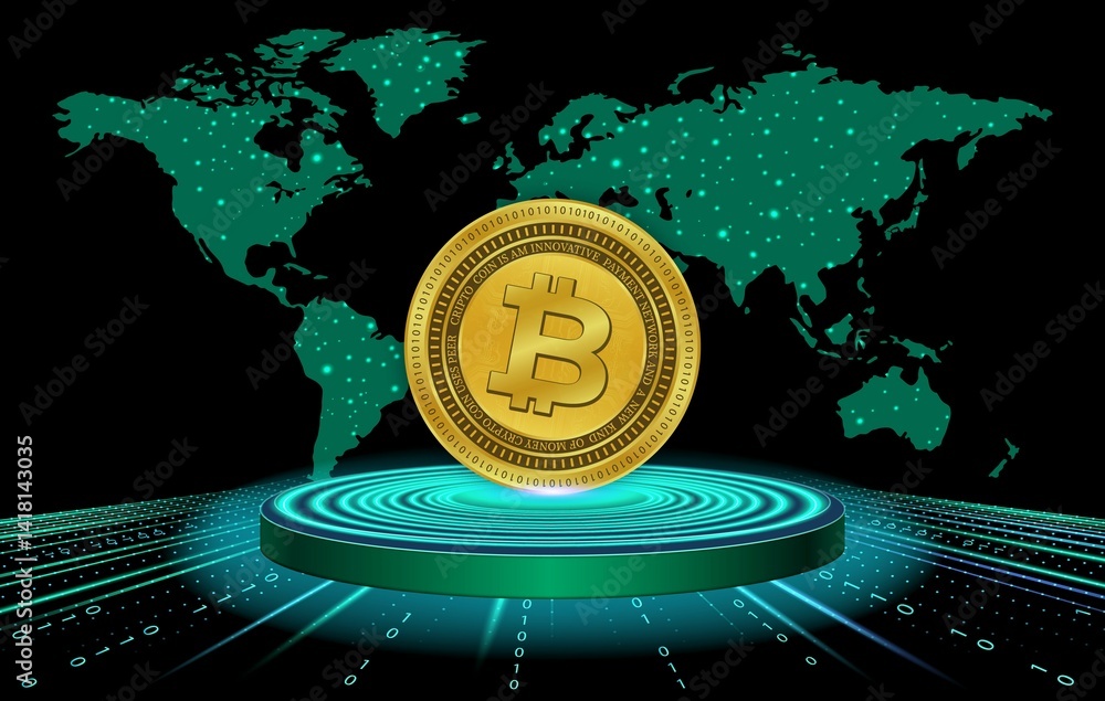images of the bitcoin-btc logo on a digital background. 3d illustrations.