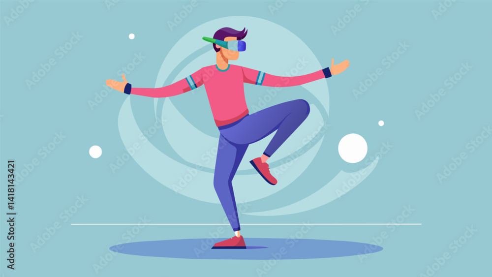 A virtual reality dance game designed to help individuals with chronic foot pain improve balance and flexibility.. Vector illustration A virtual reality dance game designed to help individuals with chronic foot pain improve balance and flexibility.. Vector illustration