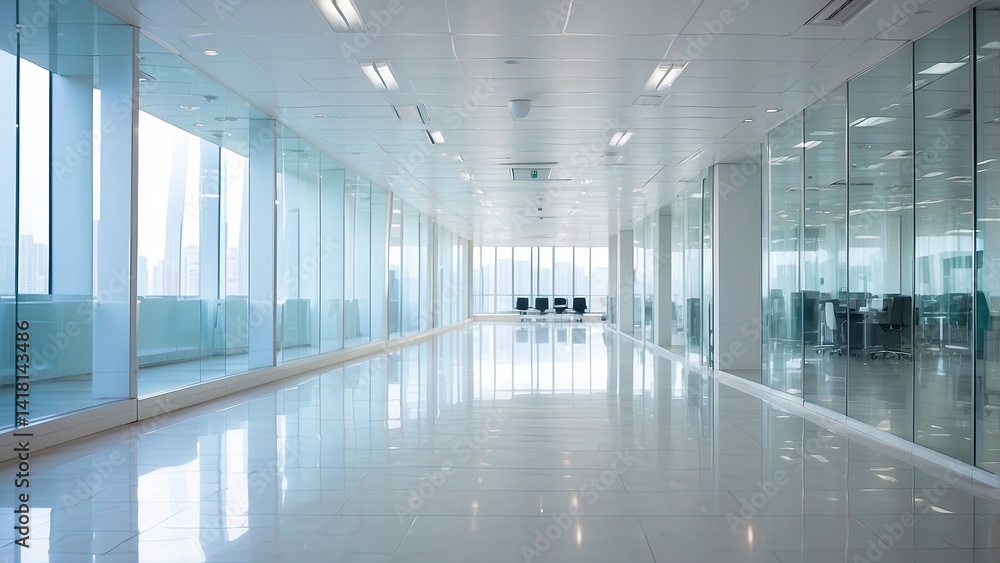 A modern glass corridor with a reflective floor, illuminated by warm lights and a sunset glow in the background A modern glass corridor with a reflective floor, illuminated by warm lights and a sunset glow in the background