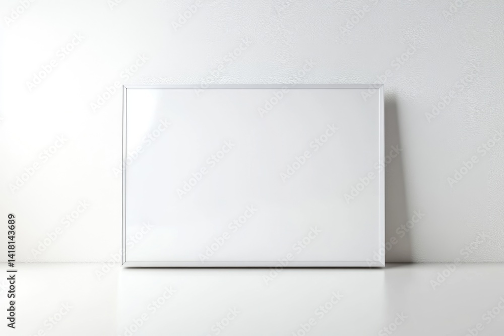 A blank white rectangular frame rests on a white surface against a white wall, providing a minimalist, clean aesthetic. A blank white rectangular frame rests on a white surface against a white wall, providing a minimalist, clean aesthetic.
