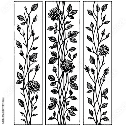 Set of outline roses, leaves, doodle floral pattern. Hand drawn rose Botanical drawing. Detailed line art rosebuds, buds illustration. Simple Stylized flowers. Elegant Black and White blossom