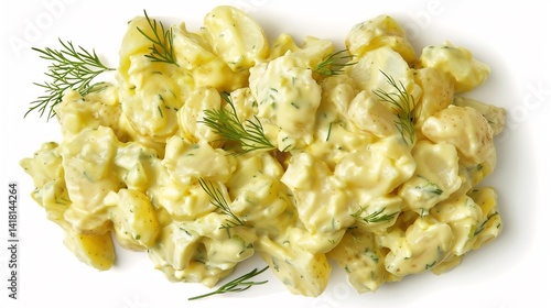 Potato Salad Creamy American potato salad dill and mustard garnished with fresh herbs shot from above on a clean white background to emphasize its vibrant color and smooth texture