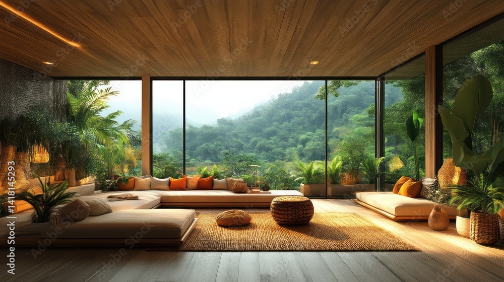 Fototapeta premium Modern Living Room with Floor Cushions and Lush Greenery View Through Large Windows