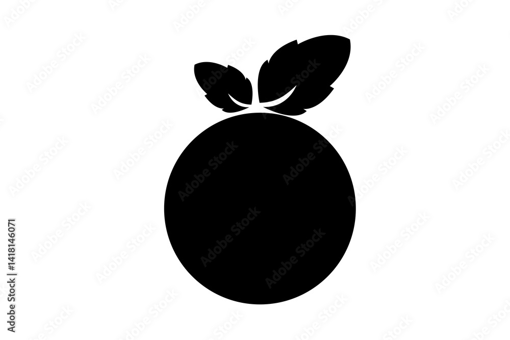 Black silhouette of a round fruit with leaves on top against a white background Black silhouette of a round fruit with leaves on top against a white background