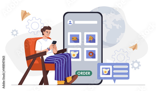 Man ordering food online on smartphone. Vector illustration