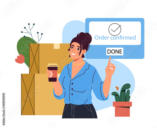 Woman confirming order with coffee cup. Vector illustration