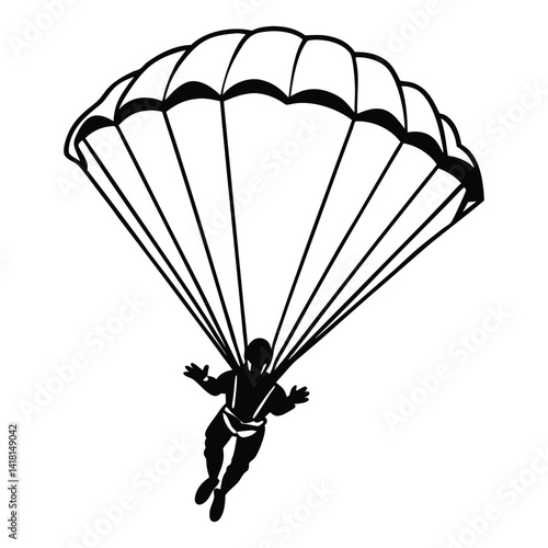 Silhouette Vector of Parachutist Landing with Open Parachute.