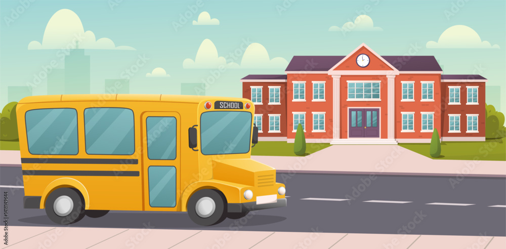 Yellow school bus in front of school. Vector illustration Yellow school bus in front of school. Vector illustration