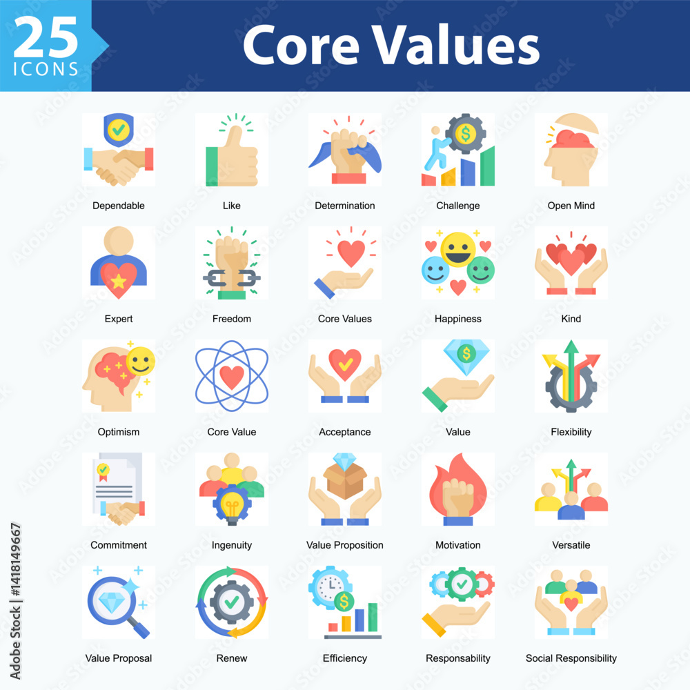 Core Values is a collection of icons in sheet format representing Core values, character strengths, and positive qualities that define individual identity. Core Values is a collection of icons in sheet format representing Core values, character strengths, and positive qualities that define individual identity.