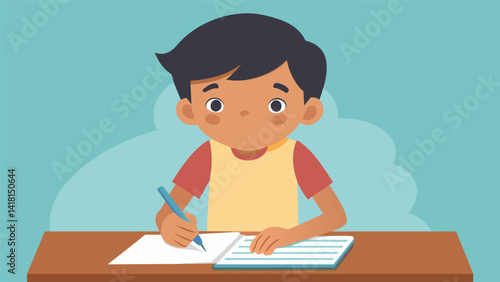 A young child with a determined expression sitting at a smaller table concentrating on his handwriting while copying a Bible verse onto lined paper.. Vector illustration