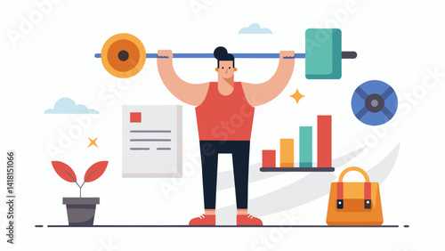 As the lifter completes their workout they receive a virtual medal and a report of their performance showcasing their strength and endurance.. Vector illustration