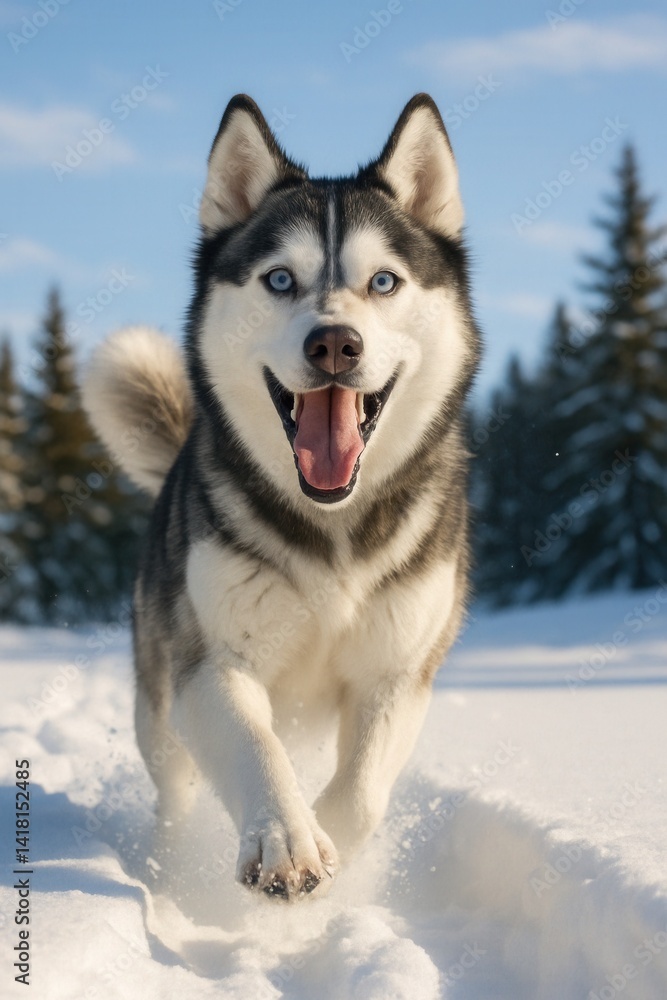 Happy siberian husky running in the snow Happy siberian husky running in the snow