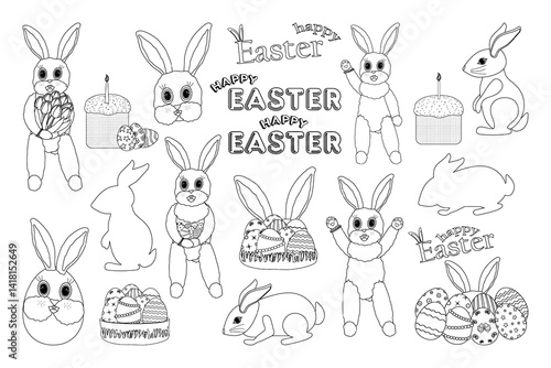 Outline set with Easter bunnies, white rabbits, bunny silhouettes, bouquet of tulip flower, ornate eggs, cakes - kulich, - and greetings HAPPY EASTER. Perfect for kids coloring page and crafts.