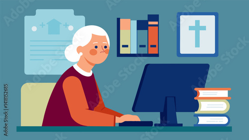 An elderly woman sitting in front of a computer screen scrolling through digitized church archives to learn about her heritage.. Vector illustration