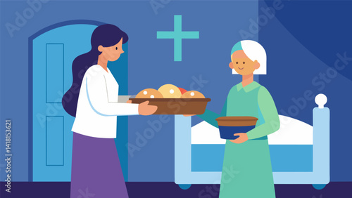 A woman from the church bringing a basket of homecooked meals to a bedridden member of the congregation.. Vector illustration