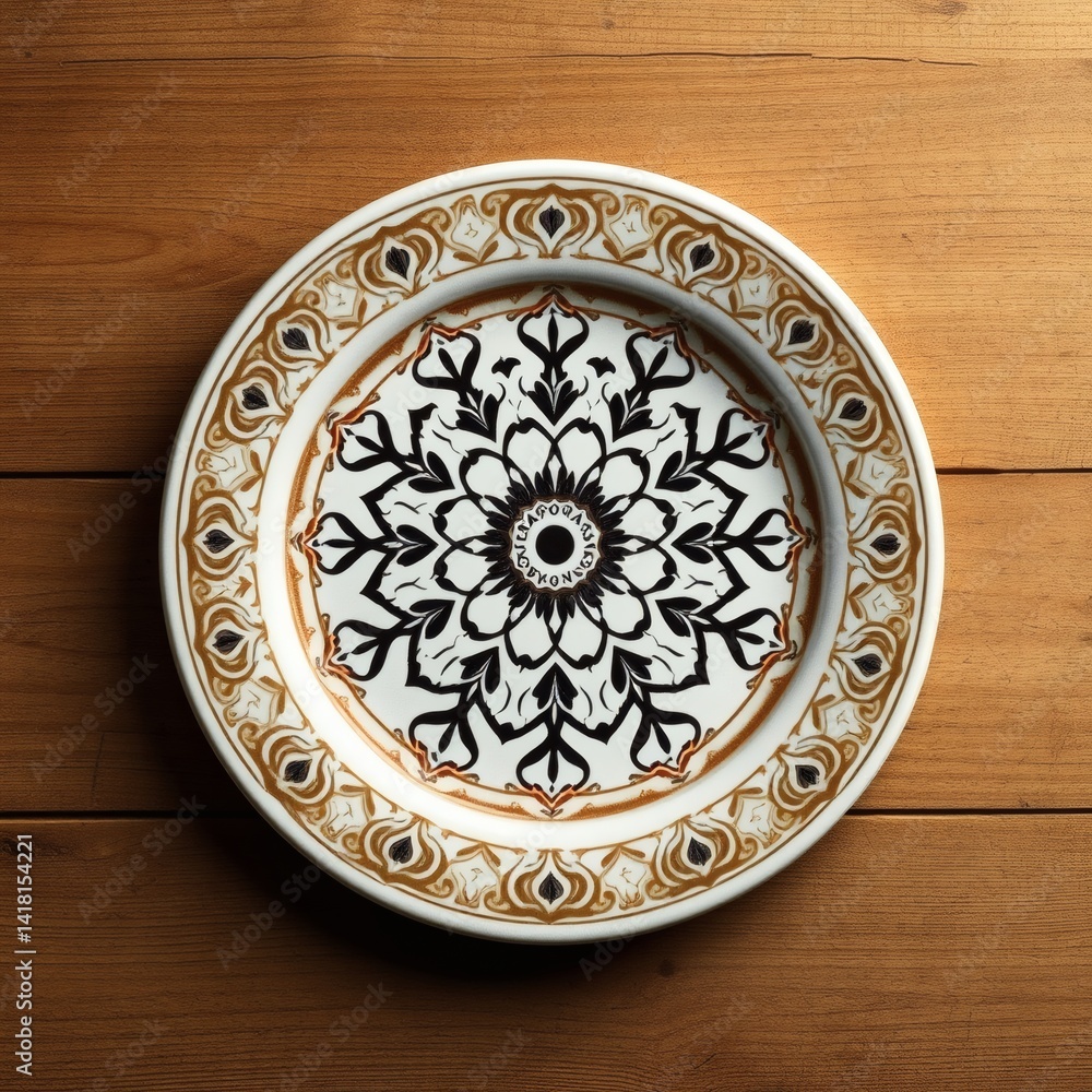 Ornamental Plate with Floral Design on Wooden Surface Ornamental Plate with Floral Design on Wooden Surface