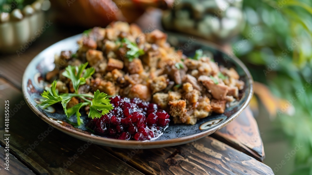 Turkey stuffing with cranberry sauce traditional American Thanksgiving food on festive plate Turkey stuffing with cranberry sauce traditional American Thanksgiving food on festive plate