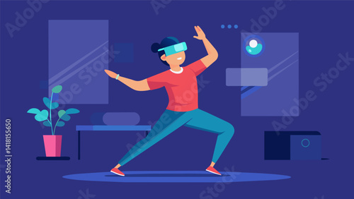 A virtual reality dance game that teaches users about the importance of warmup and cooldown exercises to avoid injury.. Vector illustration