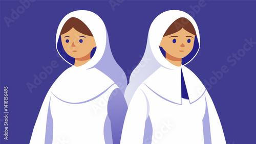 A pair of women dressed in simple white tunics with hoods portraying the early Christian martyrs who were perseed for their faith.. Vector illustration