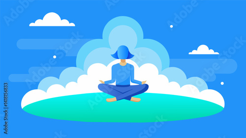 Feeling weightless as you practice yoga on a virtual cloud surrounded by a blissful blue sky and endless horizon.. Vector illustration