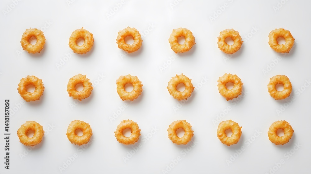 Overhead shot of twenty golden-brown fried dough rings arranged in four rows of five on a white background. The donuts are evenly spaced, creating a clean, symmetrical pattern. Overhead shot of twenty golden-brown fried dough rings arranged in four rows of five on a white background. The donuts are evenly spaced, creating a clean, symmetrical pattern.