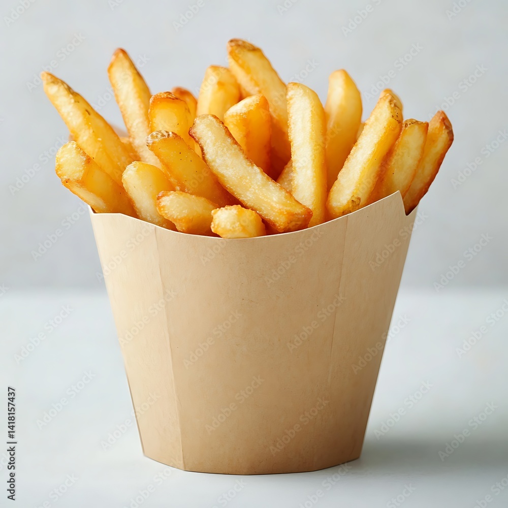 Golden Fries Delight: A delectable portion of crispy, golden-brown french fries served in a rustic paper container, ready to tempt with its simple, satisfying appeal. Golden Fries Delight: A delectable portion of crispy, golden-brown french fries served in a rustic paper container, ready to tempt with its simple, satisfying appeal.