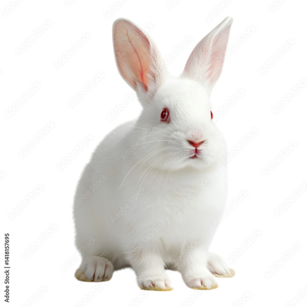 White bunny with upright ears sitting on clean surface White bunny with upright ears sitting on clean surface