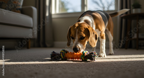 A curious beagle explores a toy, bathed in warm sunlight within a cozy living space, creating a happy scene.