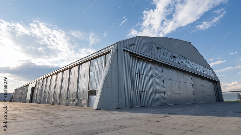 Front facade of metalprofile warehouse hangar Clean industrial exterior for logistic facility Front facade of metalprofile warehouse hangar Clean industrial exterior for logistic facility