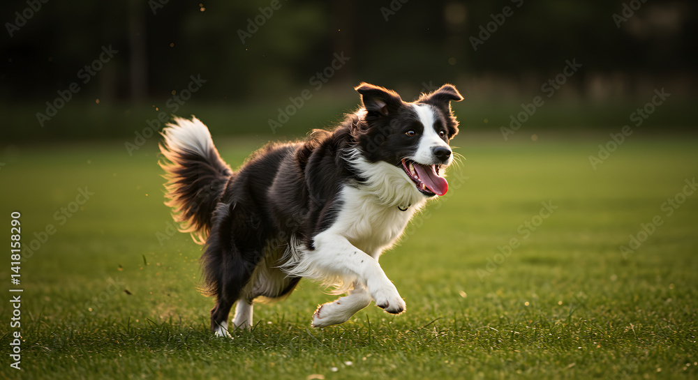 A beautiful border collie runs happily across a green field bathed in sunlight. A beautiful border collie runs happily across a green field bathed in sunlight.
