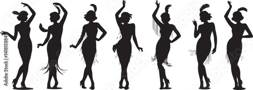 Black vector silhouettes of flapper girls dancing, perfect for 1920s, jazz, and vintage themed party graphic designs