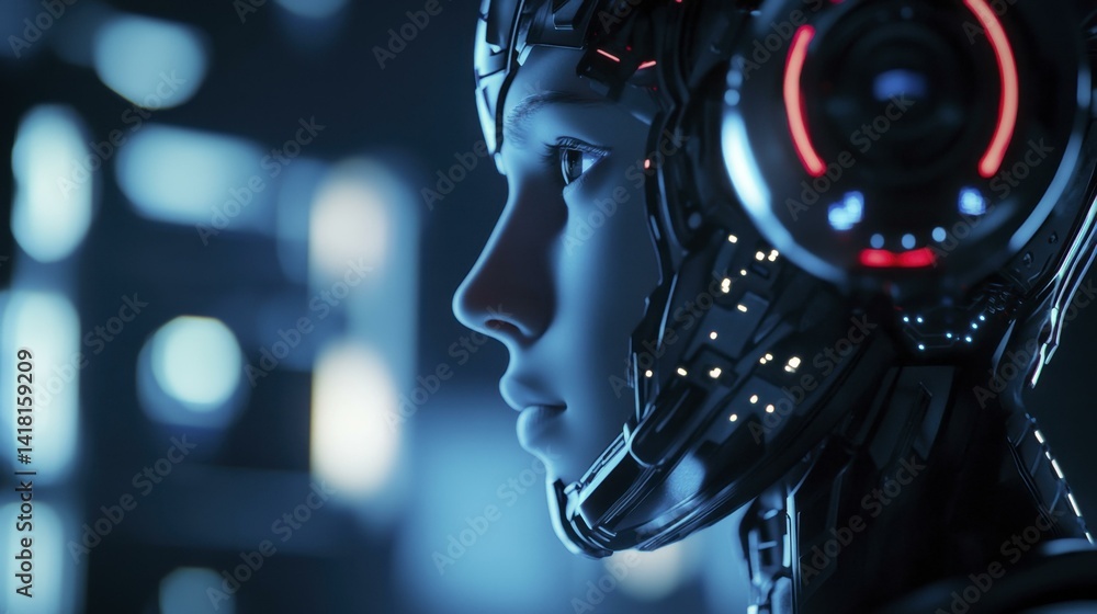 Fototapeta premium Humanoid Robot Side Profile with Glowing Lights in Cityscape at Night