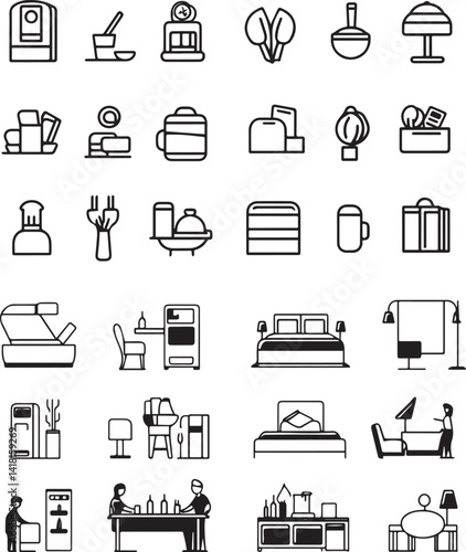 Hotel and hostel service line icons isolated on white background