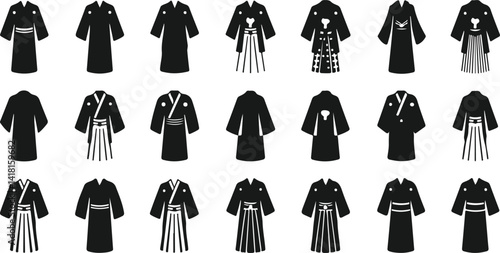 Black vector silhouettes of traditional kimono robes, ideal for Japanese culture, fashion, and elegant themed artwork