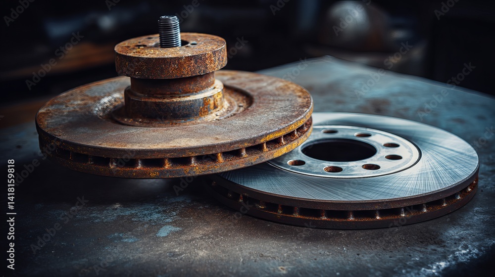 Mechanic swaps old rusty brake disc for a new one Garage repair and maintenance scene Mechanic swaps old rusty brake disc for a new one Garage repair and maintenance scene