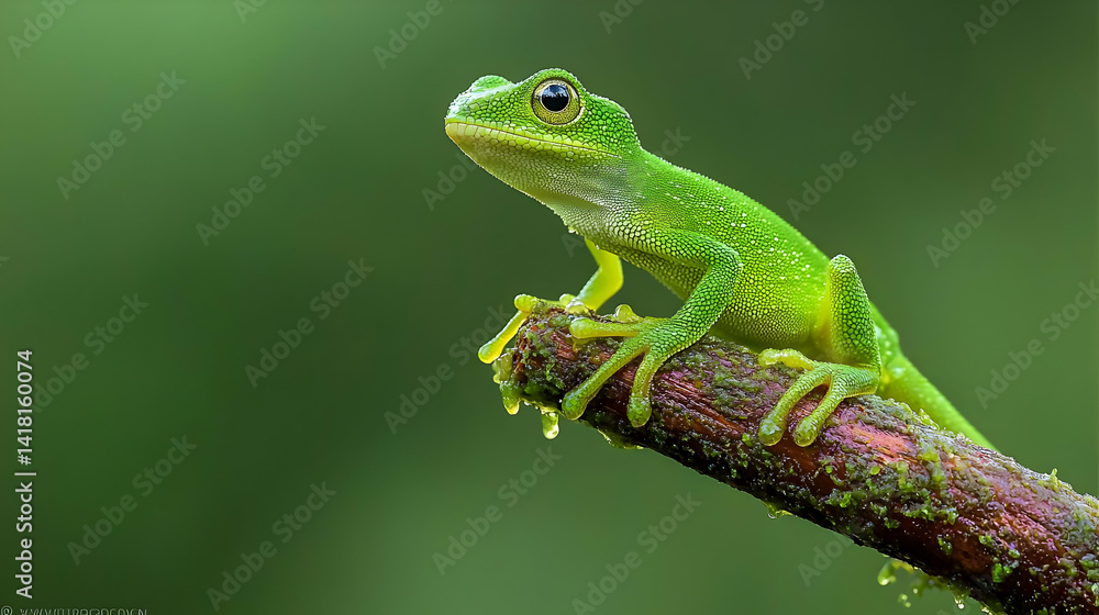 Green Frog Perched On Branch In Lush Forest Green Frog Perched On Branch In Lush Forest