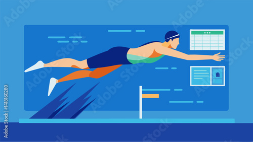 A swimmer dives into a virtual pool and analyzes their stroke technique and speed using data to make improvements and shave seconds off their lap. Vector illustration