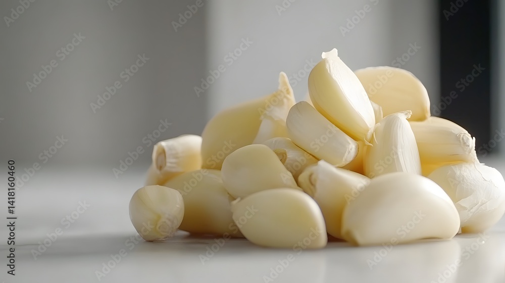 Close-up of a pile of peeled garlic cloves on a white surface. The garlic cloves are fresh and appear to be ready for cooking or use in a recipe. Close-up of a pile of peeled garlic cloves on a white surface. The garlic cloves are fresh and appear to be ready for cooking or use in a recipe.