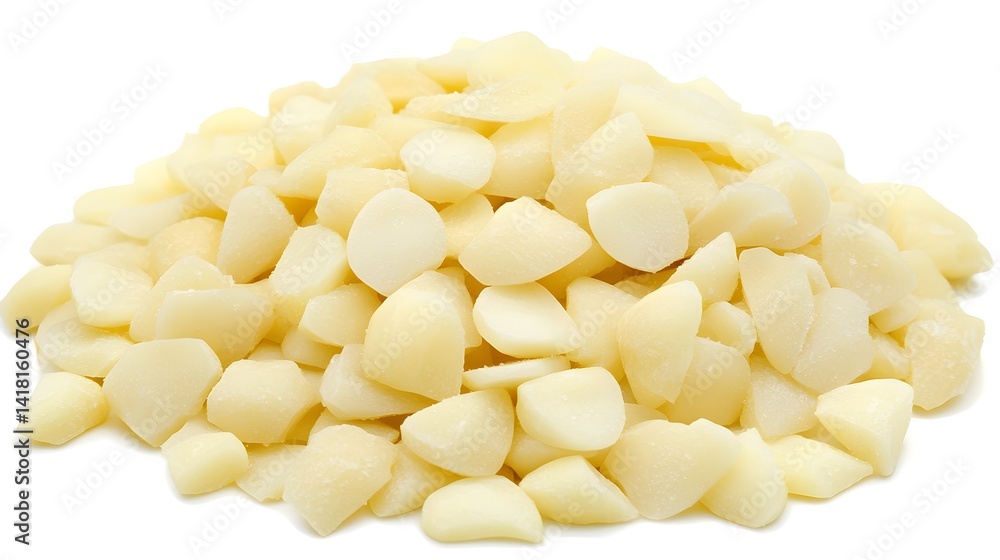 A close-up shot of a pile of raw, shelled macadamia nuts, showcasing their creamy white color and irregular shapes. Perfect for recipes or culinary content. A close-up shot of a pile of raw, shelled macadamia nuts, showcasing their creamy white color and irregular shapes. Perfect for recipes or culinary content.