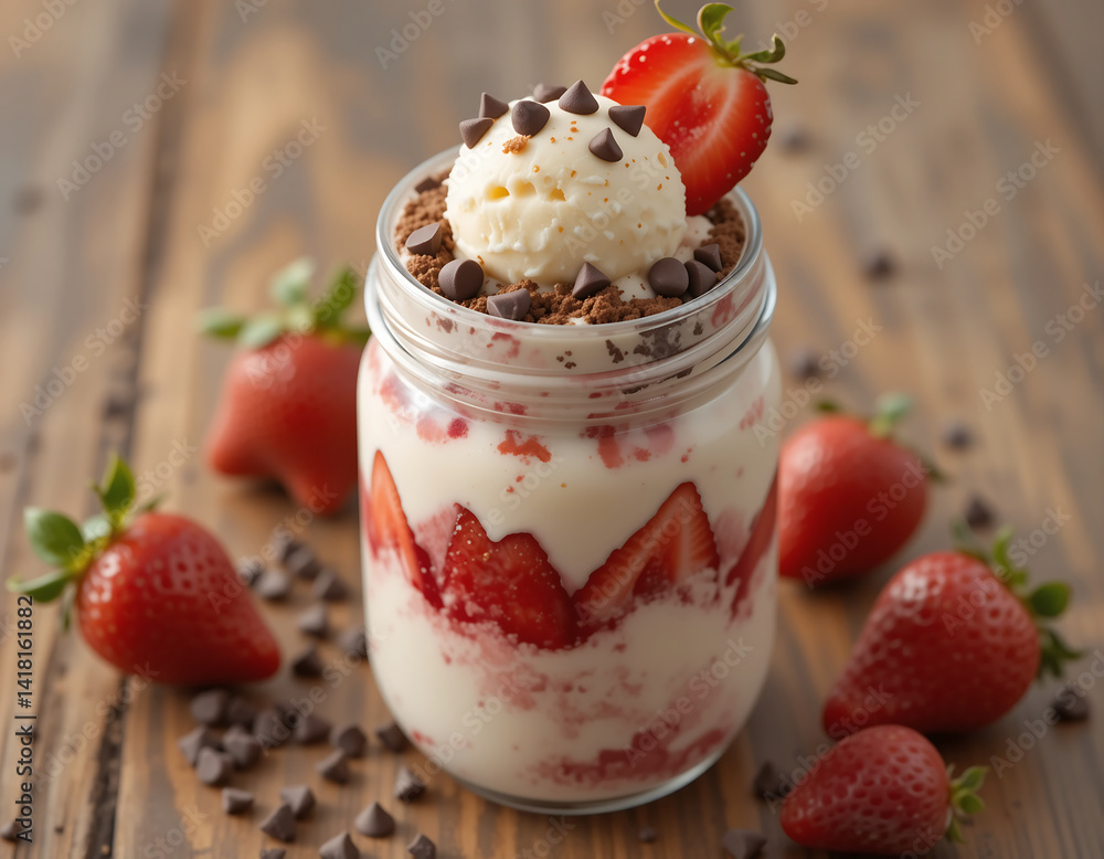 Delightful ice cream sundae layered with strawberries and chocolate chips in a rustic setting Delightful ice cream sundae layered with strawberries and chocolate chips in a rustic setting