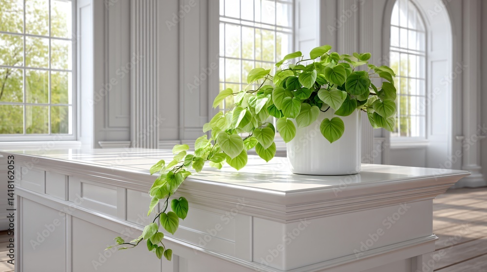 Fototapeta premium A single philodendron scandens trailing across a white desk, afternoon light from high windows casting delicate leaf patterns on the surface
