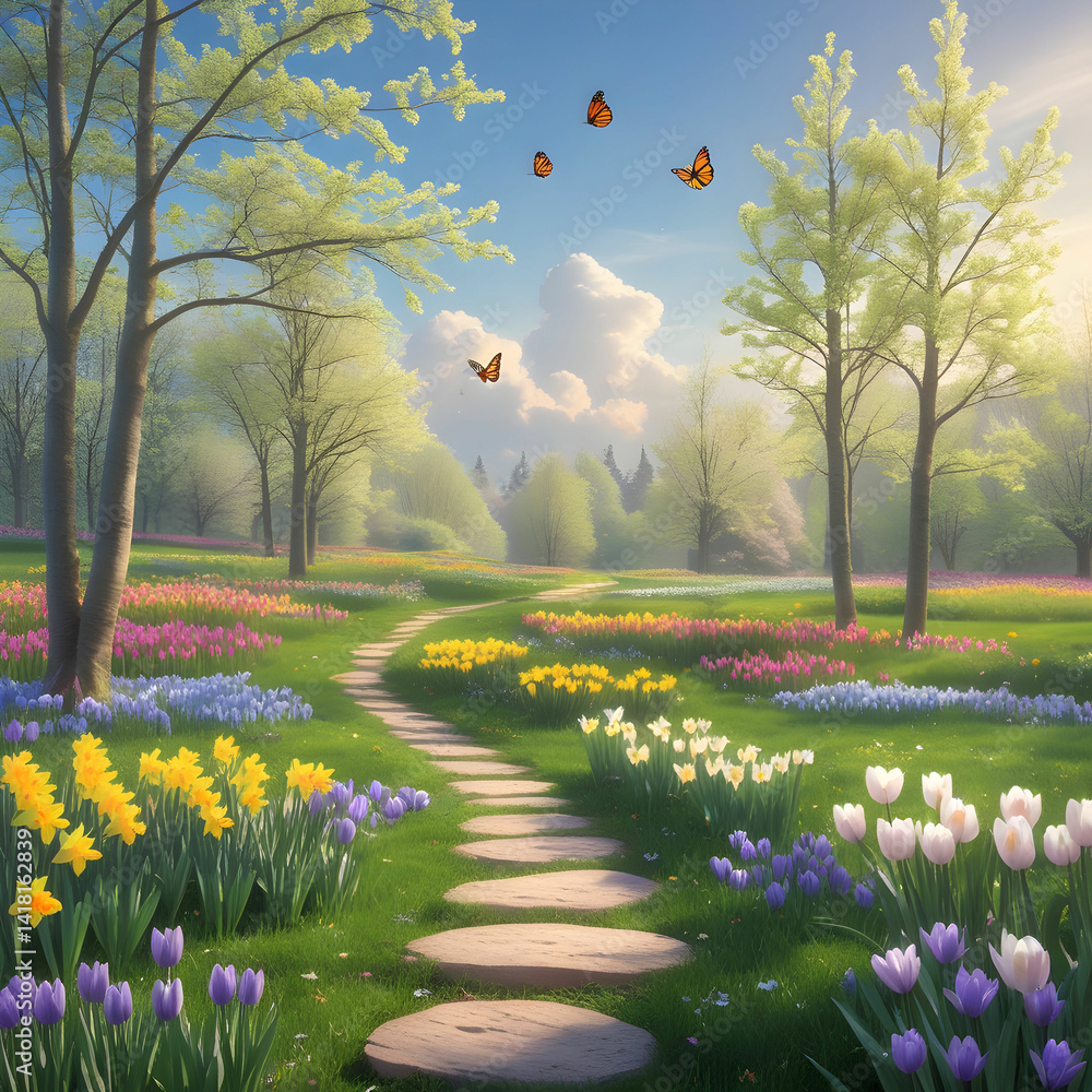 Fototapeta premium Spring landscape with flowers and butterflies