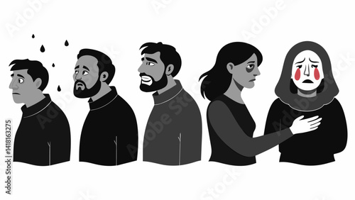 A series of ink wash paintings depicting different stages of grief from the initial shock and denial to eventual acceptance and healing.. Vector illustration