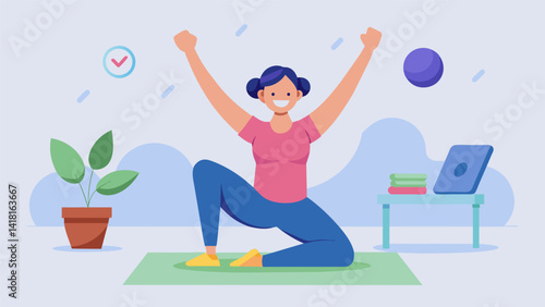 As you complete your virtual Pilates class you feel energized rejuvenated and proud of the progress you have made in your core strength.. Vector illustration