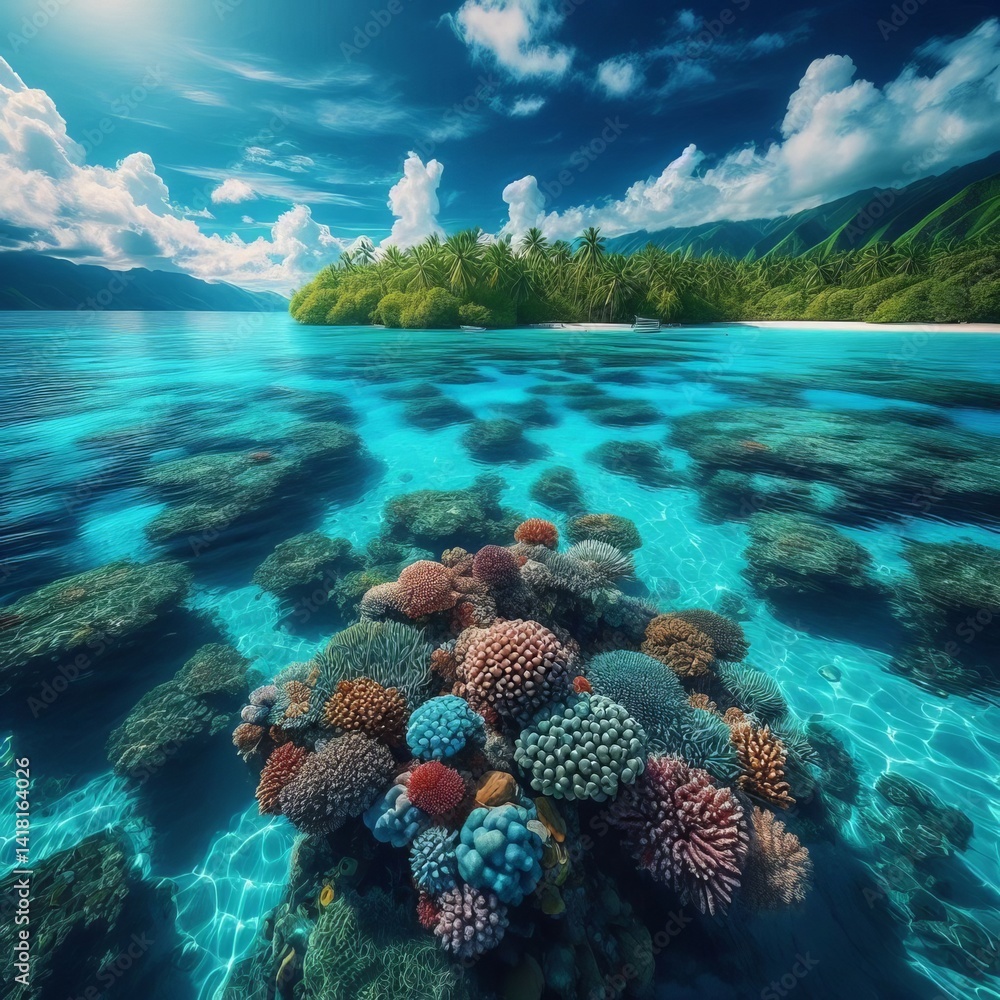 Naklejka premium Crystal clear coral reef below