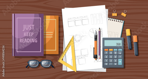 Back to school concept. Top view photo of school supplies calculator, paper, glasses, ruler, pen, book and marker pens on table