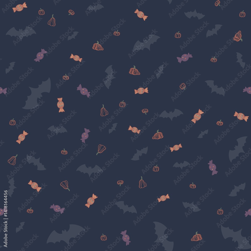 seamless pattern with bats, candy and pumpkin on dark background 