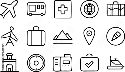 Travel Icon Set for Tourism and Adventure Design. Clean Travel Icons for Apps and Booking Websites.
Minimal Line Icons for Travel and Vacation Projects. Black Outline Travel Icons for Web and Mobile