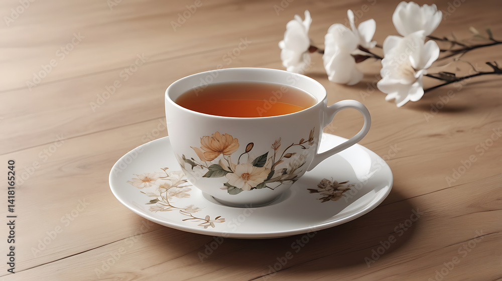 Fototapeta premium Cup of tea with magnolia blossom on wooden background.